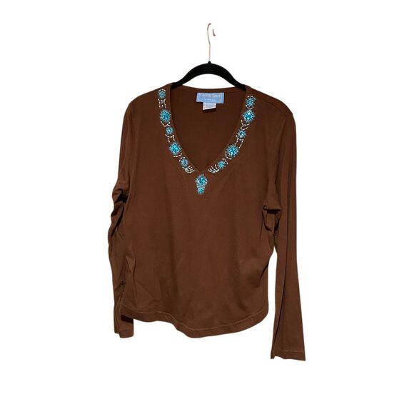 Country tease women’s brown Beaded Sequin, V-neck T-shirt s/XL - Picture 2 of 4